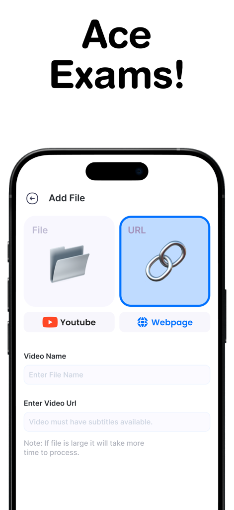 Academi AI: Study & Exam Tutor - Interface of the Academi AI app showing options to upload files or import study material from YouTube and web pages to ace exams