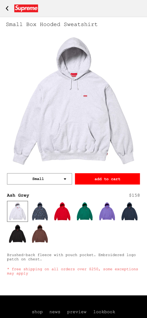 Product page in the Supreme mobile app showing an Ash Grey Small Box Hooded Sweatshirt