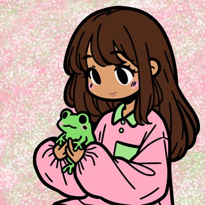 girl with long hair and a oversized shirt. and she is holding a frog
