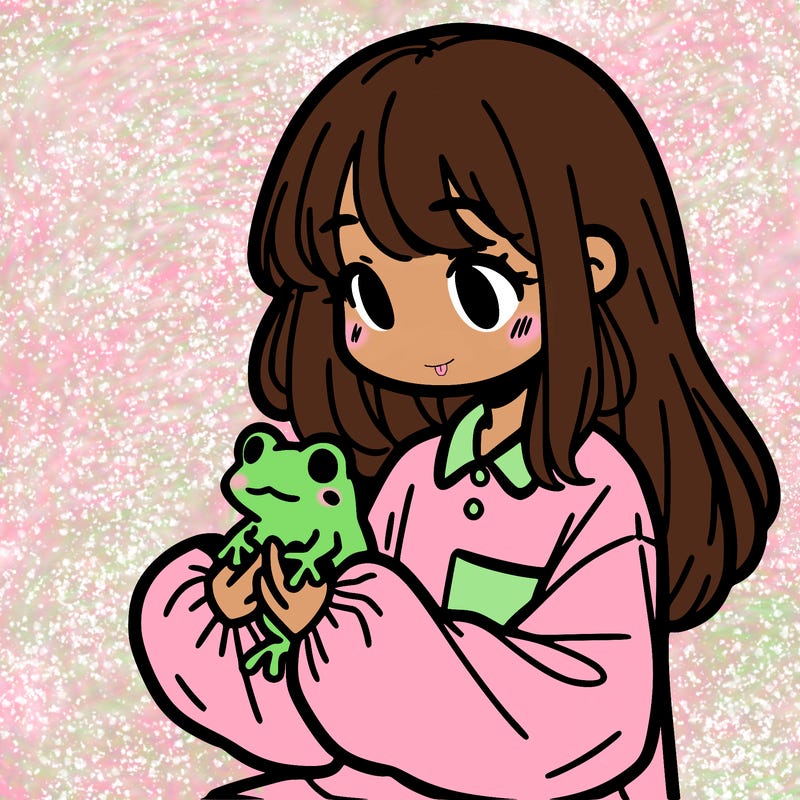 girl with long hair and a oversized shirt. and she is holding a frog