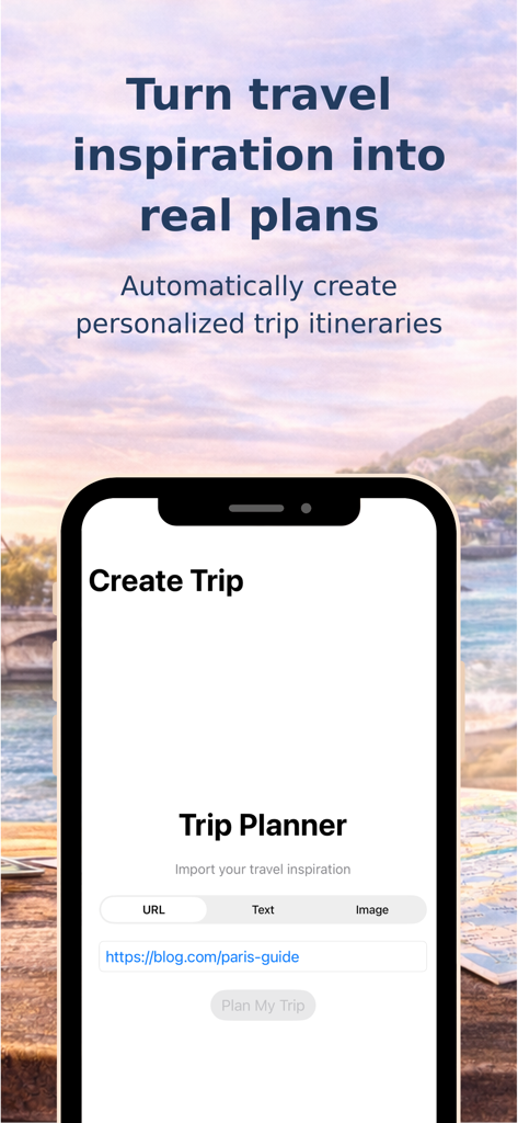 Itinify: Travel Planner - Itinify app interface for creating a personalized trip itinerary from a travel blog URL.