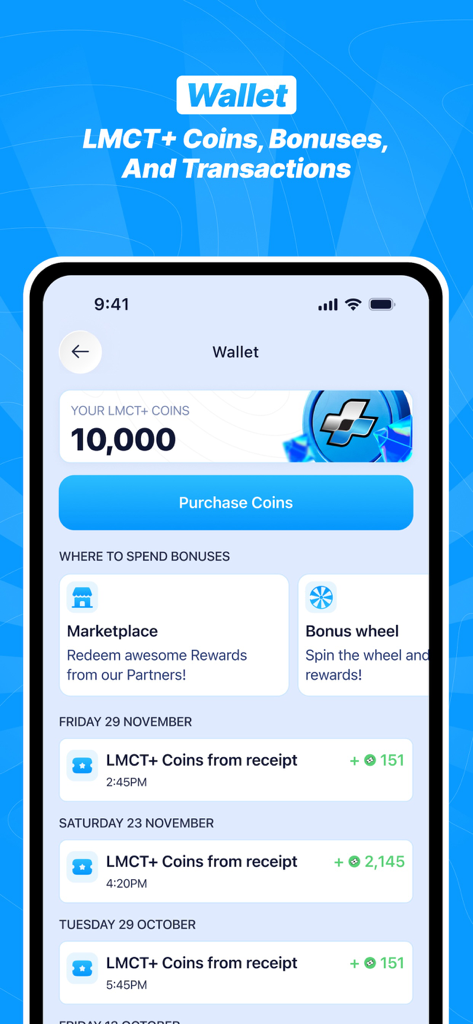 LMCT plus app wallet interface displaying coin balance and transaction history