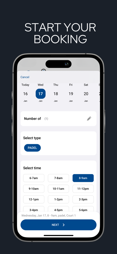 Migrashim+ - Mobile app screen for booking a padel court with date and time options