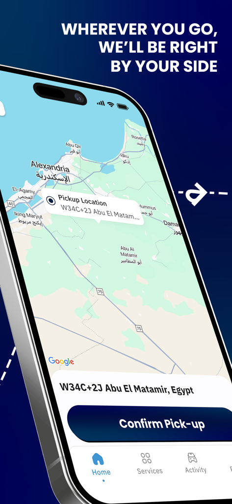 Arrw - A smartphone screen showing the Arrw ride-hailing app interface with a map and a confirm pick-up button.