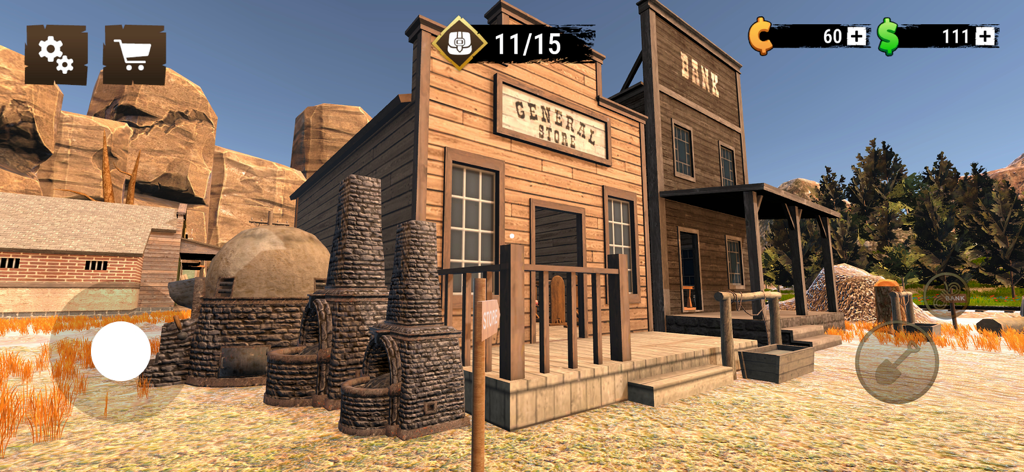 Wild West Miner - Gold Rush 3D - 3D gameplay scene of a Wild West mining town featuring a general store and gold smelting furnaces