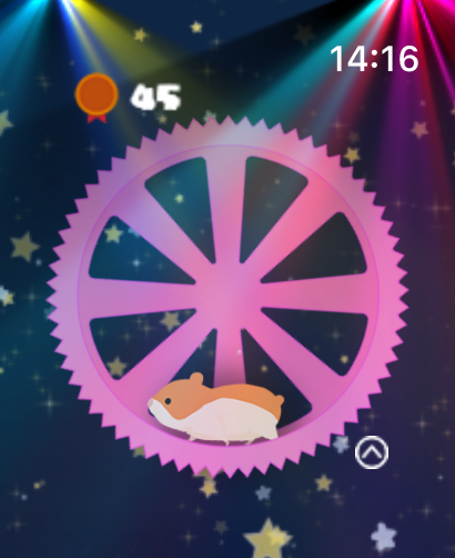 Infinite ∞ Hamster - A cute hamster character running in a pink exercise wheel on a starry background with disco lights.