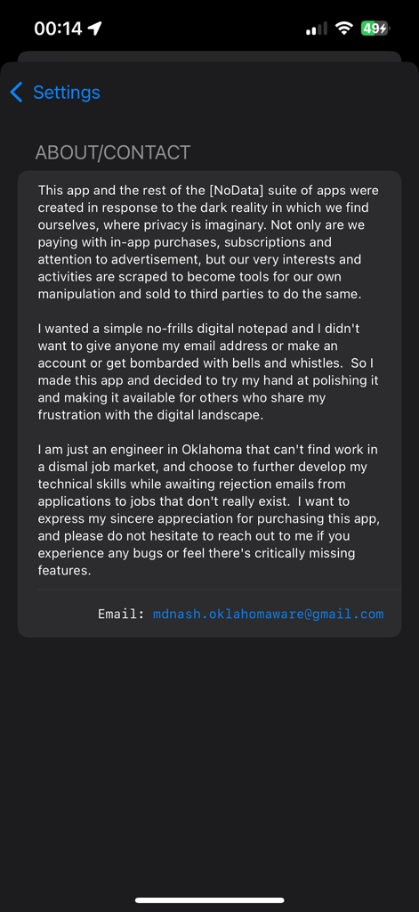 The about and contact page of the Notes NoData app featuring a personal message from the developer regarding privacy and transparency.
