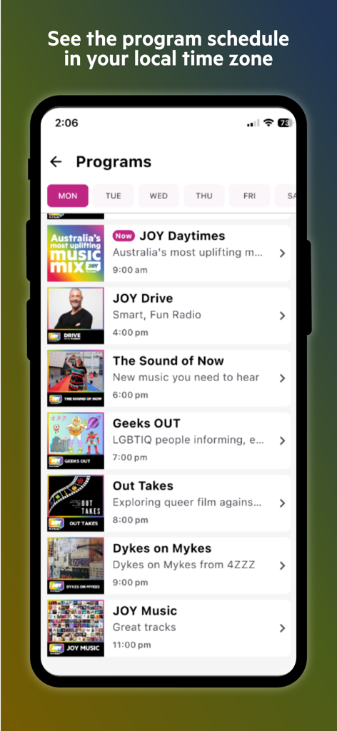 JOY 94.9 mobile app screenshot showing the radio program schedule with localized time zones.