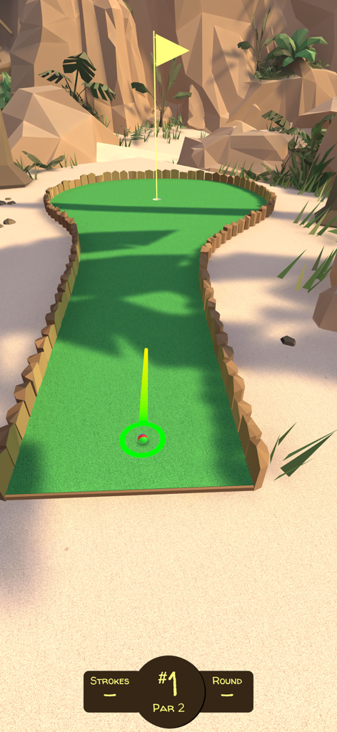Walkabout Mini Golf - Vista en primera persona de un green de minigolf en un entorno temático de desierto del juego móvil Walkabout Mini Golf