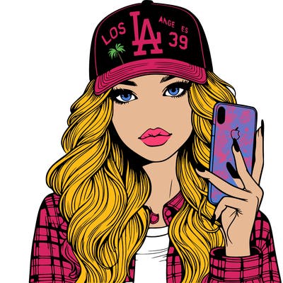 realistic beautiful girl wearing los angeles cap holding an iphone