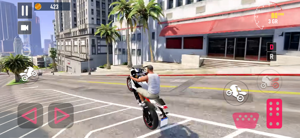 오토바이 운전자가 도시 거리에서 윌리 스턴트를 수행하는 모습