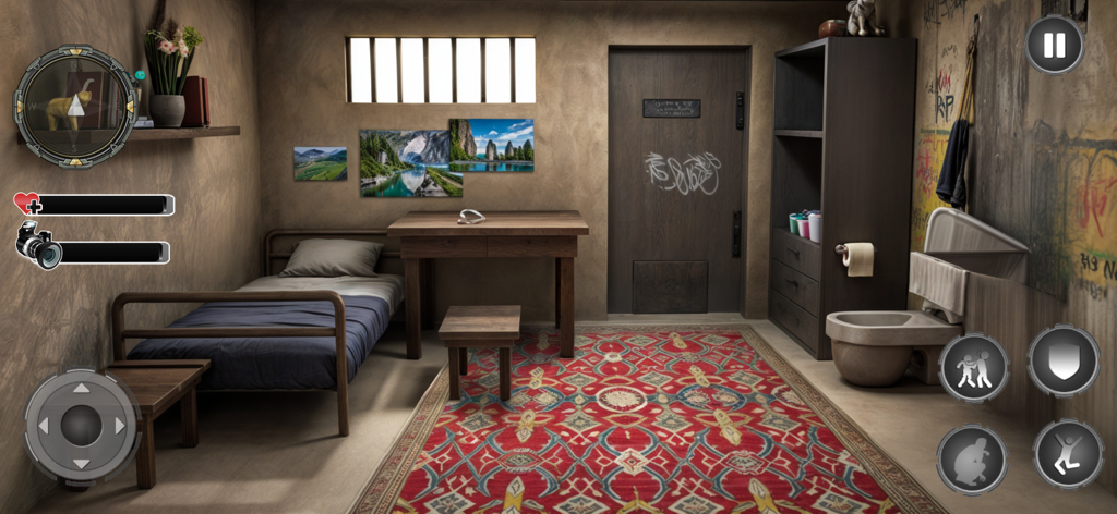Grand Prison Escape Break Game - First-person view of a furnished prison cell with mobile gameplay controls and UI
