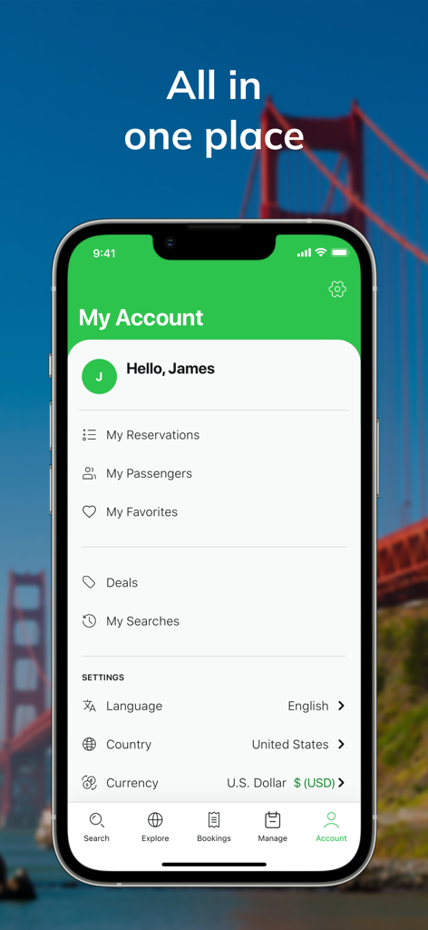WINGIE - Book Cheap Flights - Wingieフライト予約アプリのマイアカウント画面。ユーザープロファイルオプションと地域設定が表示されています。