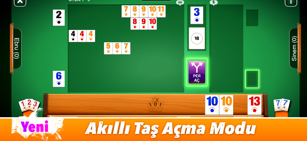 101 Okey Star ( internetsiz ) - Gameplay screenshot of 101 Okey Star showing tile sets on a green table and a new smart tile opening feature banner.