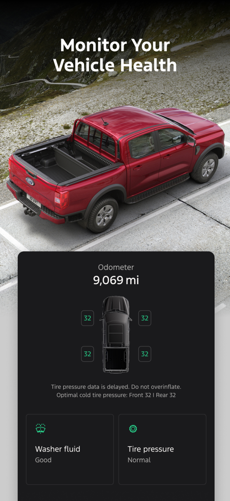 Tablero de la aplicación Ford que muestra las métricas de salud del vehículo y la presión de los neumáticos para una camioneta roja