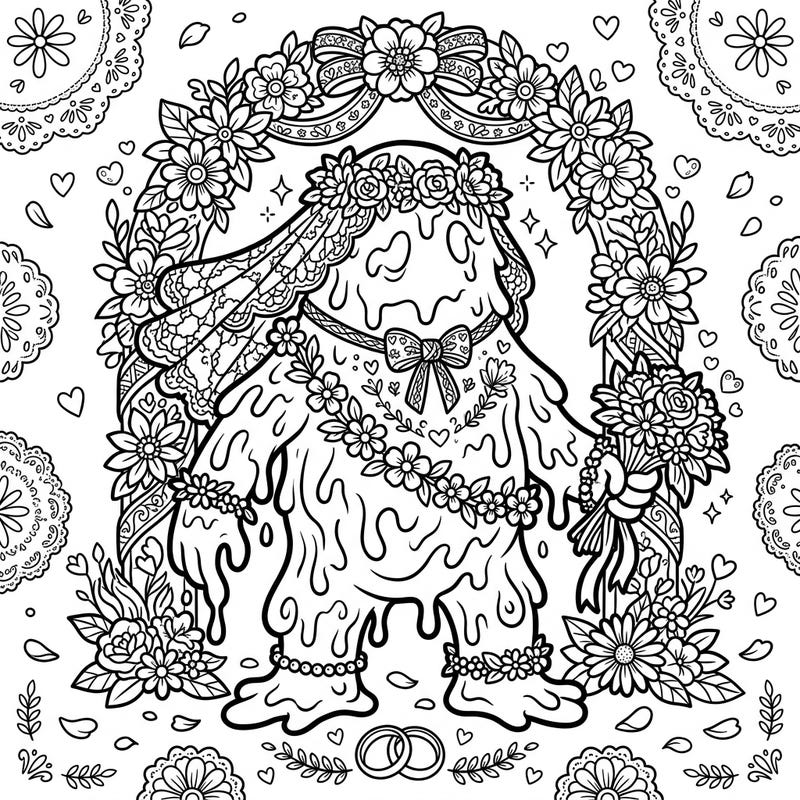 Dive into a wonderfully weird celebration with this Tar Monster wedding coloring page! Imagine the joy of coloring this unique bride, adorned with flowers and standing under a beautiful floral arch.