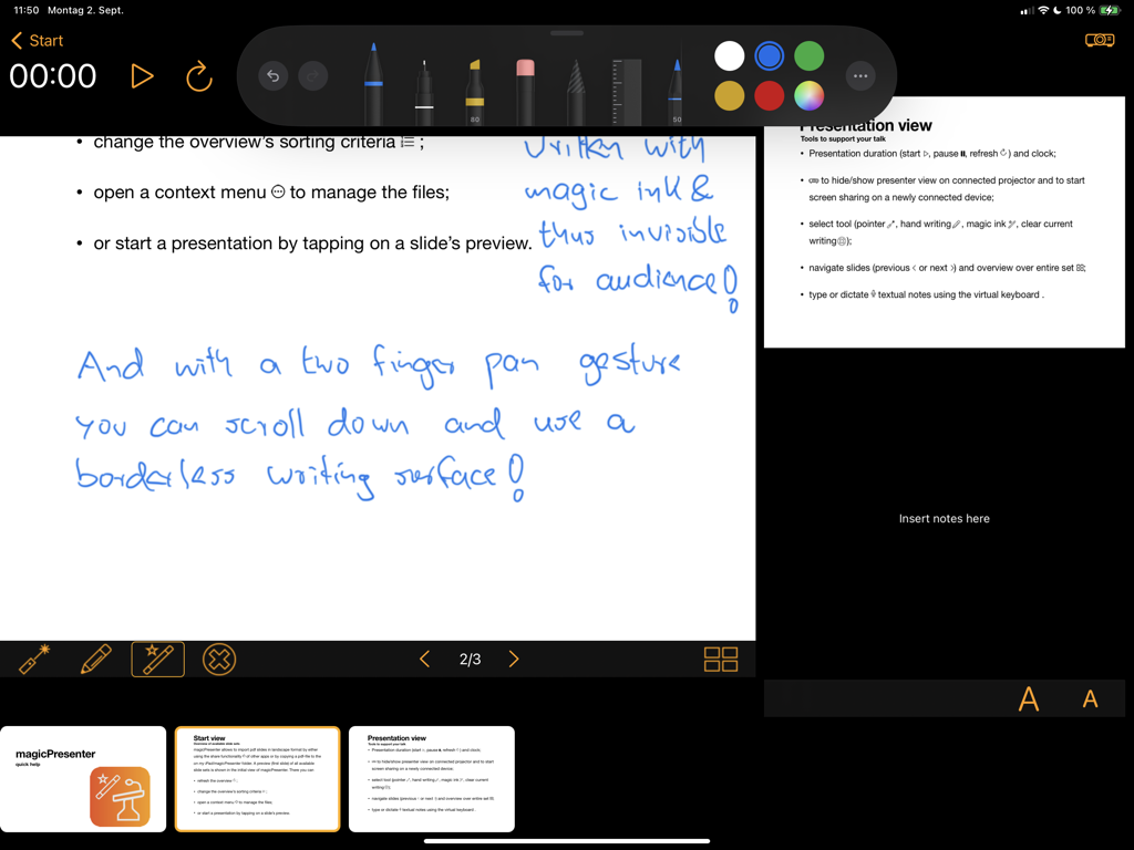 magicPresenter - Aplicativo magicPresenter para iPad mostrando a visualização inteligente do apresentador com anotações em tinta mágica escritas à mão e notas do orador