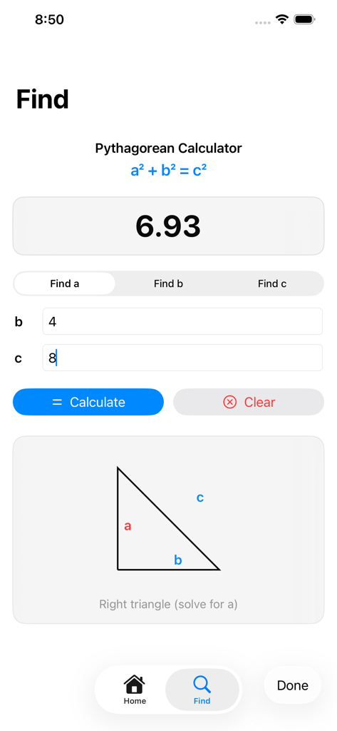 Satz des Pythagoras Rechner App-Oberfläche, die eine fehlende Seite eines rechtwinkligen Dreiecks berechnet