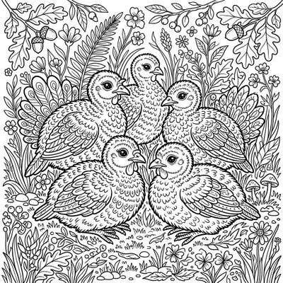 Immerse yourself in the charm of nature with this intricate baby turkey coloring page, specifically designed to captivate teens. Featuring five adorable poults amidst a detailed woodland setting, it offers a delightful challenge for young artists.