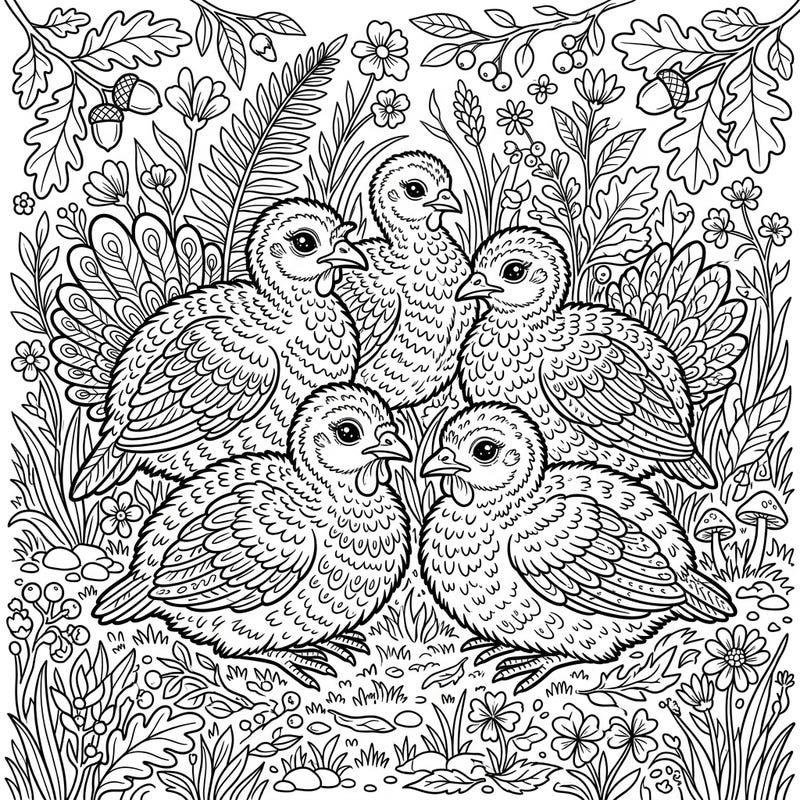 Immerse yourself in the charm of nature with this intricate baby turkey coloring page, specifically designed to captivate teens. Featuring five adorable poults amidst a detailed woodland setting, it offers a delightful challenge for young artists.