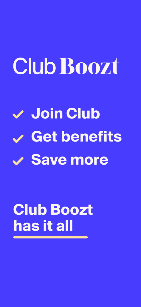 Club Boozt loyalty program membership screen showing benefits like savings and rewards