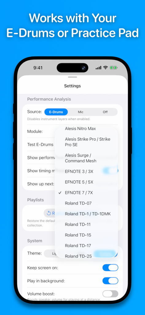 Drumr - Learn & Practice Drums - Drumr app performance analysis settings showing a selection of compatible electronic drum modules from Roland Alesis and EFNOTE