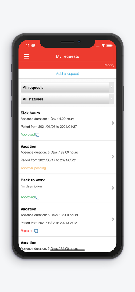 Payroll by Nethris - Screenshot of the My Requests screen in the Nethris app displaying sick leave and vacation status