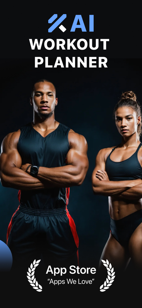 Fitness AI Gym Workout Planner のスプラッシュスクリーン。男女のアスリートとApp Storeの「Apps We Love」バッジが表示されています。