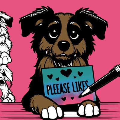 realistic, dog, folding a sign that says please likes