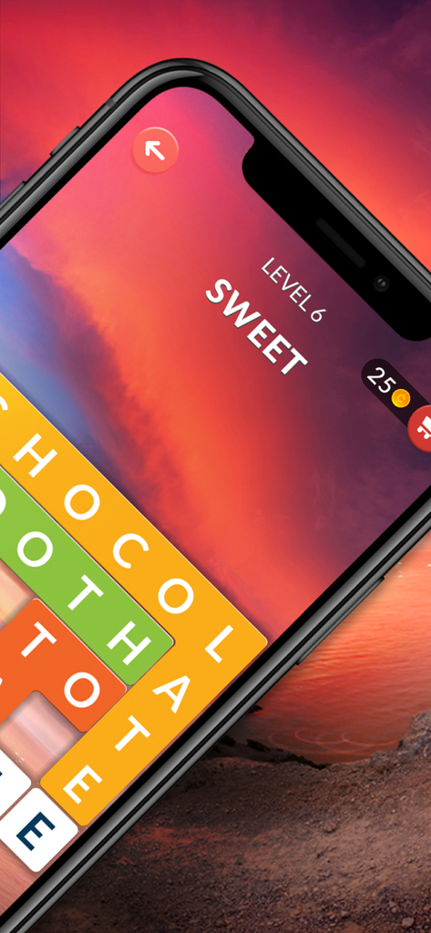 Wordscapes Shapes - Wordscapes Shapes word puzzle screen featuring a scenic sunset landscape background