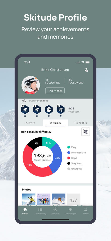 La pantalla del perfil de usuario de la aplicación Masella que muestra un perfil de Skitude con estadísticas de esquí, un gráfico circular de dificultad de pistas y trofeos ganados.