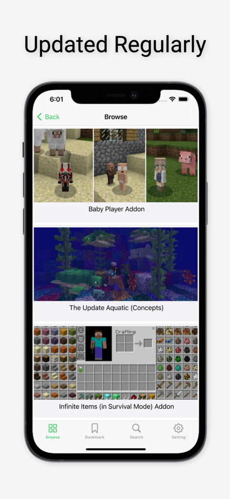 Mods for Minecraft PE !! - Capture d'écran de l'application Mods pour Minecraft PE montrant un menu de navigation avec divers addons comme Baby Player et Infinite Items.