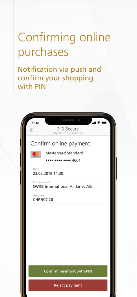 TopCard Security - A smartphone displaying the TopCard Security app interface for a secure 3D payment confirmation of an airline ticket purchase.