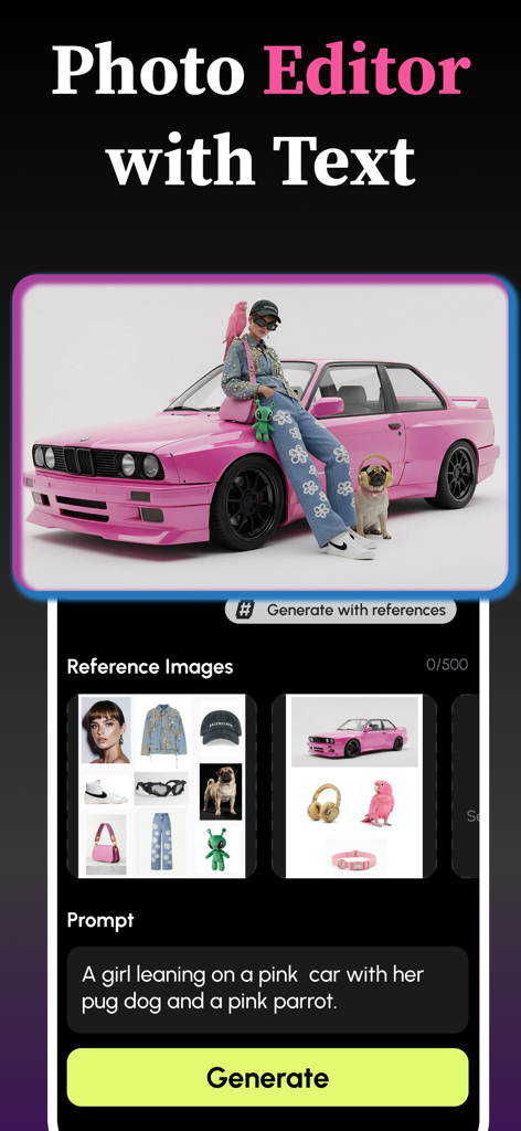 Magic Me: AI Photo to Video - Interfaz de la aplicación Magic Me mostrando la generación de imágenes IA a partir de una indicación de texto y múltiples fotos de referencia