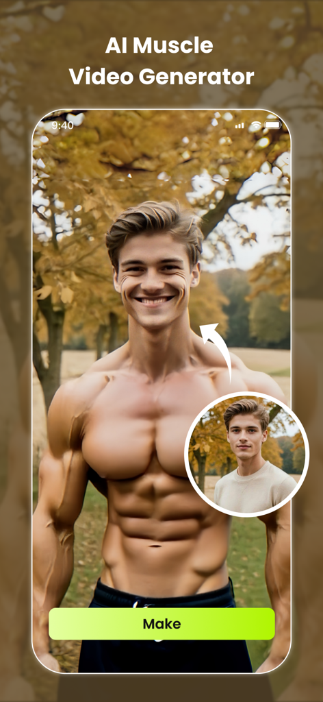 LumixAI: Turn Pic to Hot Video - Smartphone screen showing LumixAI app's AI Muscle Video Generator transforming a man's photo into a muscular bodybuilder image.