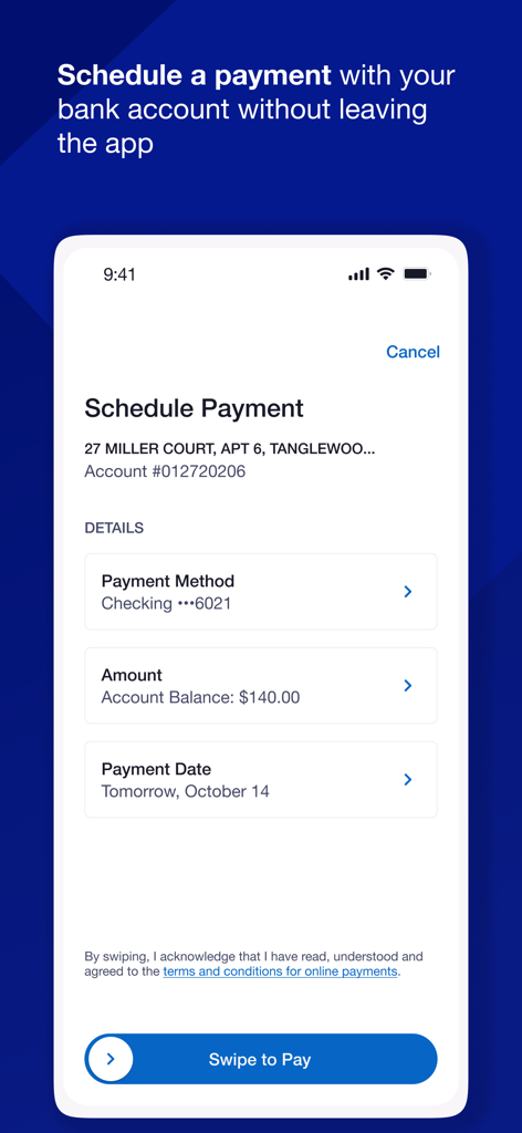 National Grid app interface showing schedule payment options and swipe to pay button