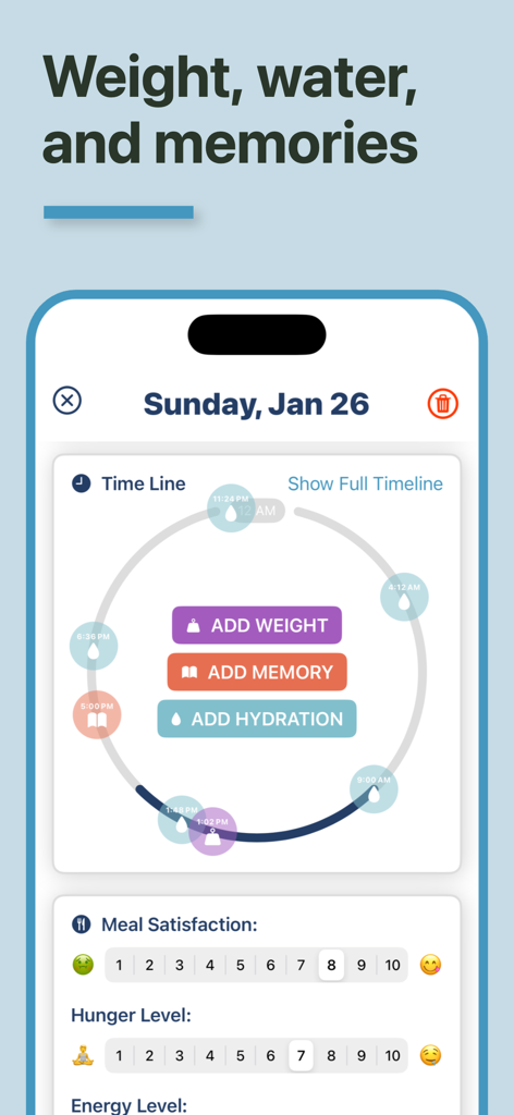 Daily timeline screen in the OMAD Snap app showing weight, hydration, and wellness metrics logging options.