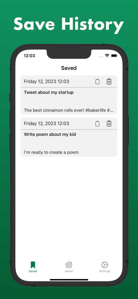 SquibWrite: Writing Assistant - SquibWrite app interface showing a list of saved AI generated content including a tweet and a poem