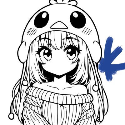 anime girl with chick shaped hat with sweater with bare shoulders with bangs covering them one eye with low tail