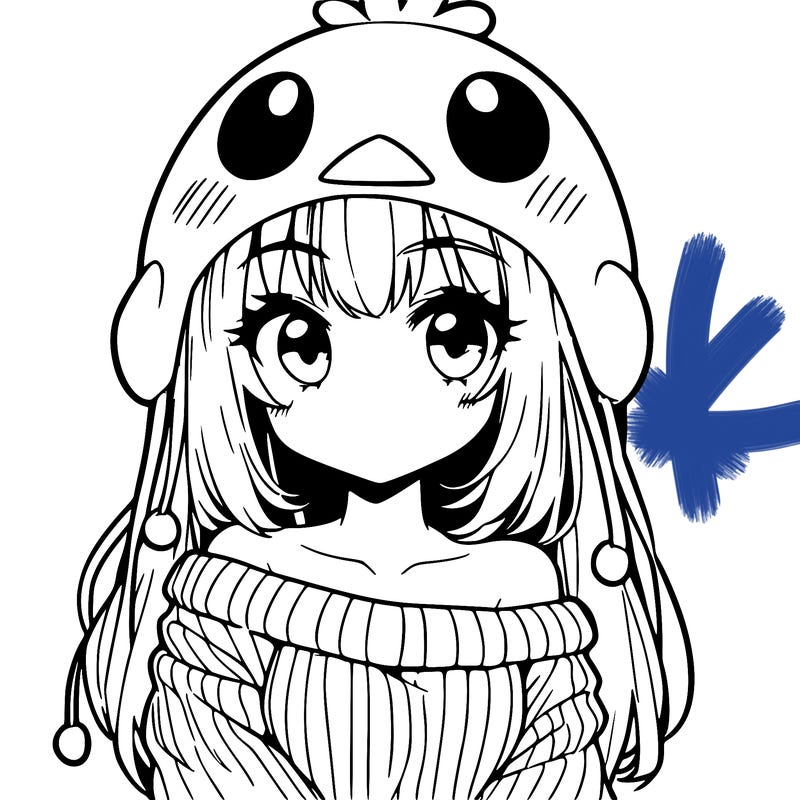 anime girl with chick shaped hat with sweater with bare shoulders with bangs covering them one eye with low tail