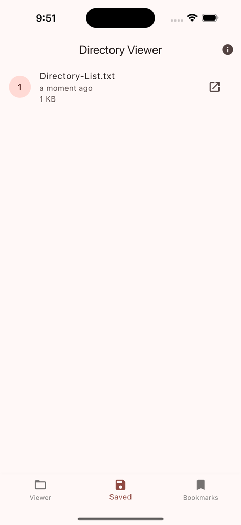 Directory Viewer - A screenshot of the Directory Viewer app showing the saved files section with a text file named Directory-List.txt.