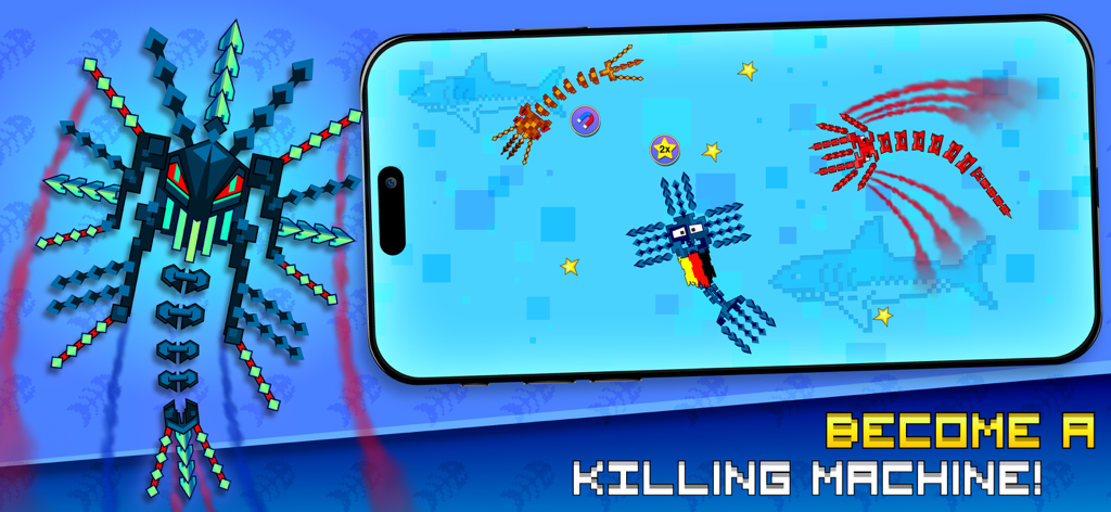 Pixelated characters battling in Pixel Sword Fish io mobile game arena