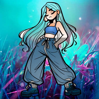 girl in baggy pants crop top and long hair