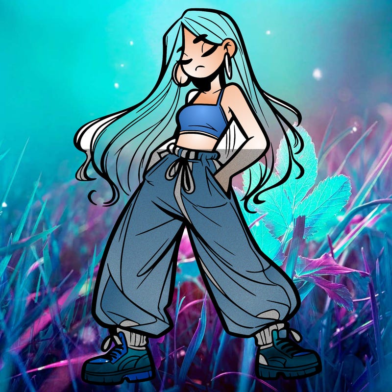 girl in baggy pants crop top and long hair