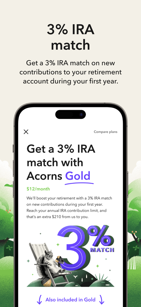 Acorns app screen promoting a 3 percent IRA match for retirement accounts on the Gold subscription plan.
