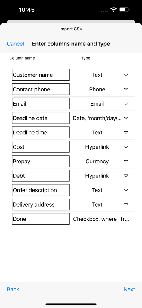 MobiDB Database - Interface de MobiDB Database montrant l'écran d'importation CSV pour mapper les noms de colonnes aux types de données tels que texte, téléphone et email