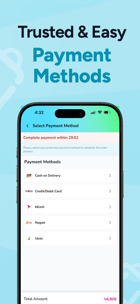 Cartup: Online Shopping - Cartup app interface showing payment options including bKash Nagad and Upay