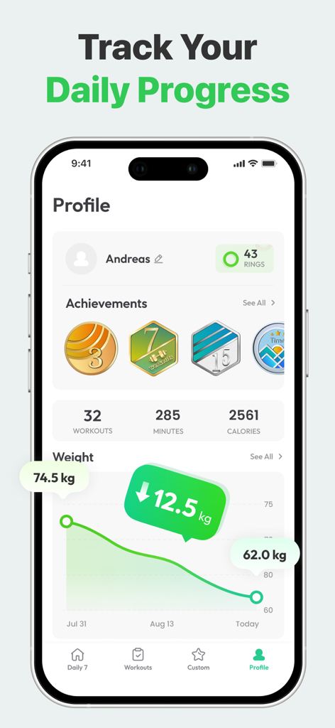 7 Minute Workout: Exercise App - Profilseite der 7 Minute Workout App, die Trainingserfolge und eine Gewichtverlust-Fortschrittstabelle zeigt.