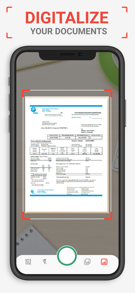 PDF Scanner AI Note text files - iPhone screen showing the PDF scanner app digitalizing a document using a camera with a red auto-detection frame.