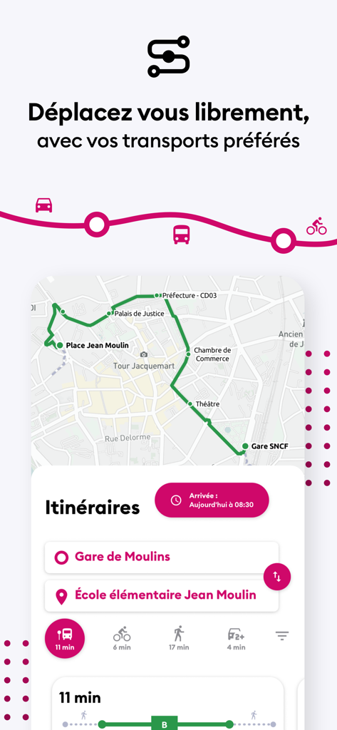 Interface de planification d'itinéraire de l'application de transport Aleo Moulins montrant une carte et le temps de trajet en bus.